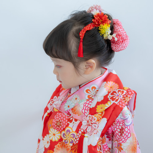 髪の毛が少ない七五三3歳日本髪ヘアアレンジ髪飾りU】鹿の子ちんころ赤