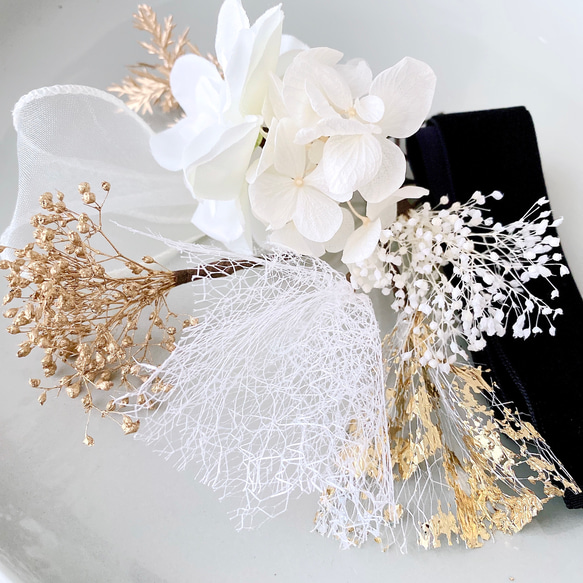 選べるリボン 送料無料　ホワイト　ゴールド　ヘアアクセサリー ㉕ チュールリボン ベロアリボン 白 花 ブライダル 2枚目の画像