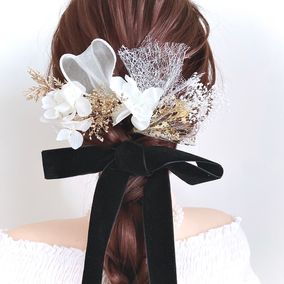 選べるリボン 送料無料　ホワイト　ゴールド　ヘアアクセサリー ㉕ チュールリボン ベロアリボン 白 花 ブライダル 8枚目の画像