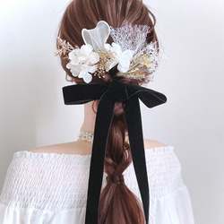 選べるリボン 送料無料　ホワイト　ゴールド　ヘアアクセサリー ㉕ チュールリボン ベロアリボン 白 花 ブライダル 3枚目の画像