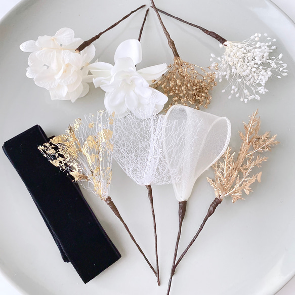 選べるリボン 送料無料　ホワイト　ゴールド　ヘアアクセサリー ㉕ チュールリボン ベロアリボン 白 花 ブライダル 4枚目の画像