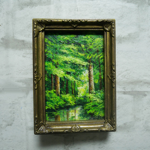 油絵 油彩 油彩画 絵 絵画 キャンバスパネル ミニ絵画【新緑の森
