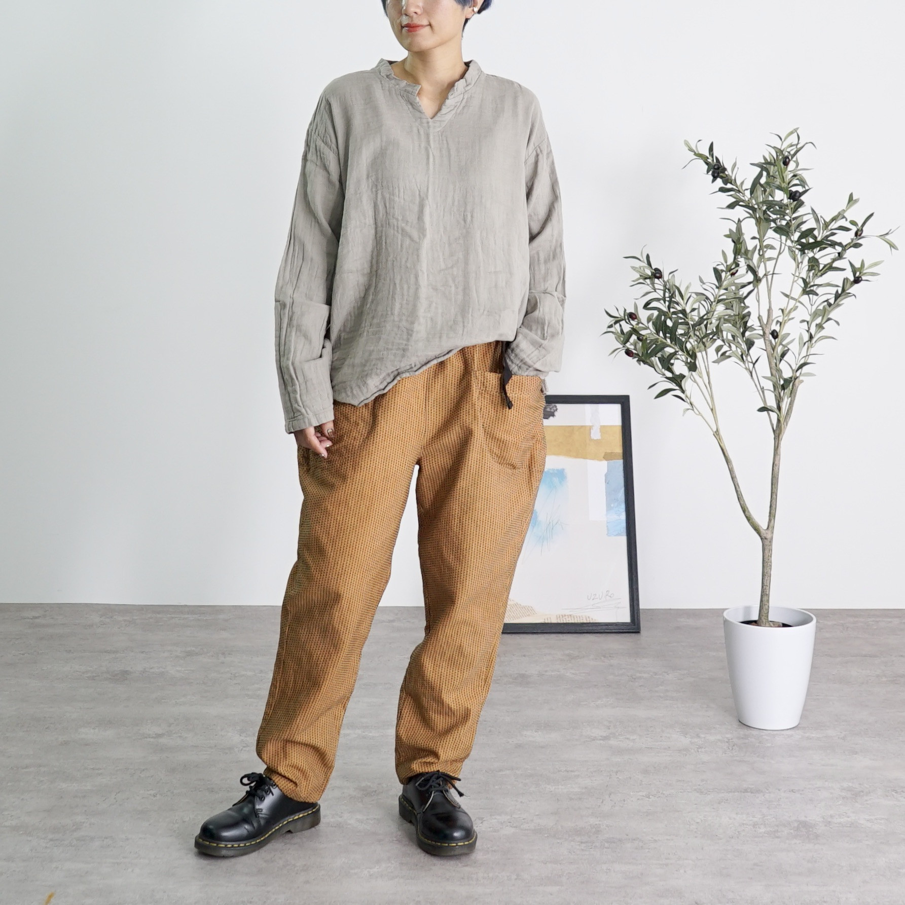 【福袋】キーネックガーゼロンT/カーキ＋一本刺し子キャンプワークパンツ/オレンジ