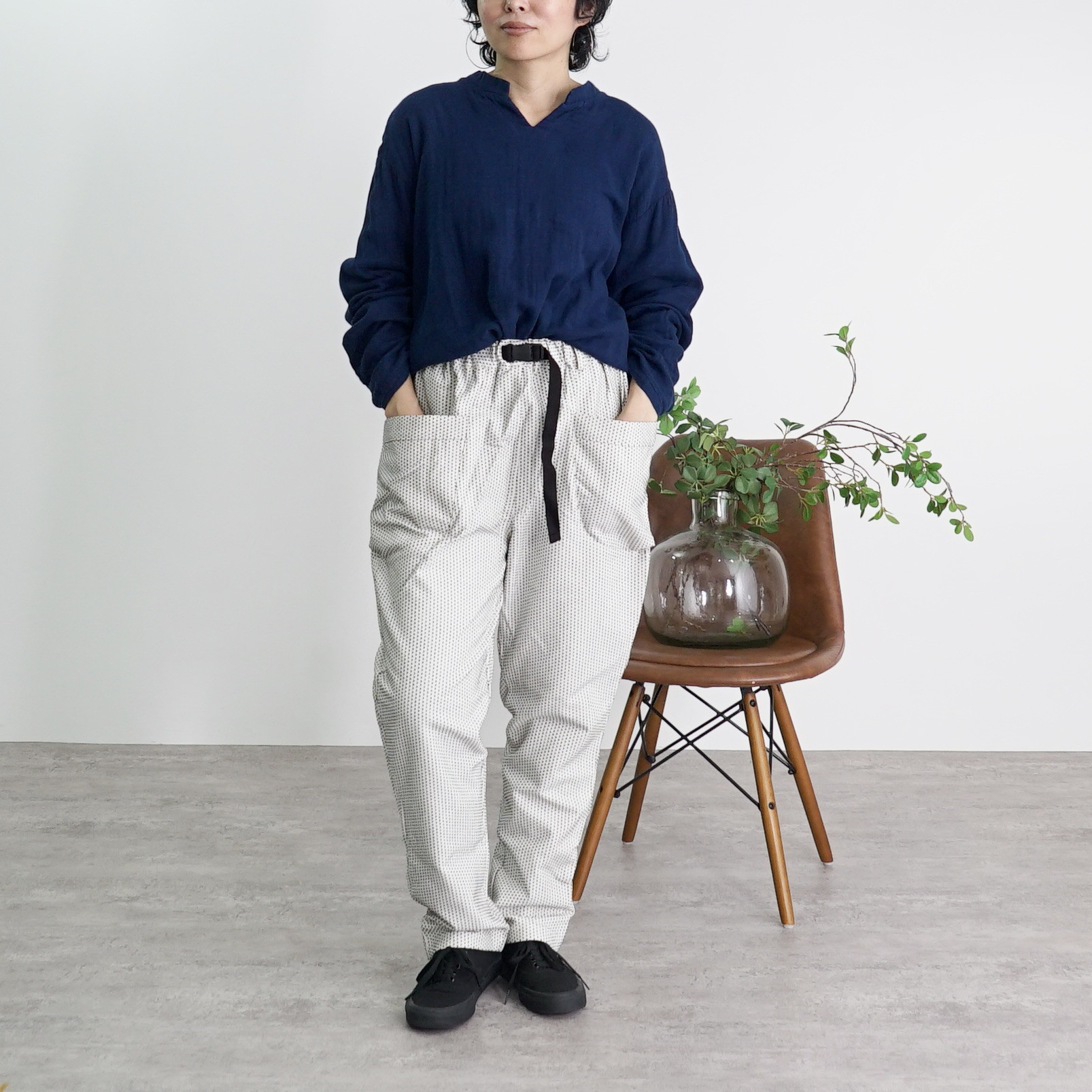 【福袋】キーネックガーゼロンT/ネイビー＋一本刺し子キャンプワークパンツ/生成り