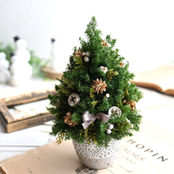 ミニサイズ☆クリスマスツリーゴールド＊22cm＊プリザーブド卓上サイズ