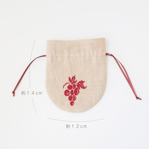 202.リネンの巾着袋　つぶつぶ刺繍　③ 秋の実り ぶどう刺繍のリネンまる巾着ポーチ 巾着袋 NJUTA（ニュータ