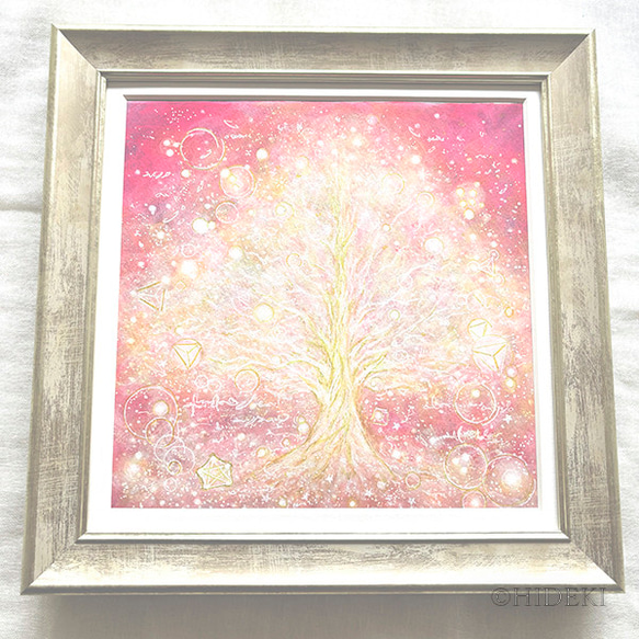 アクリル抽象画「命、光る」生命樹ヒーリングアート原画作品