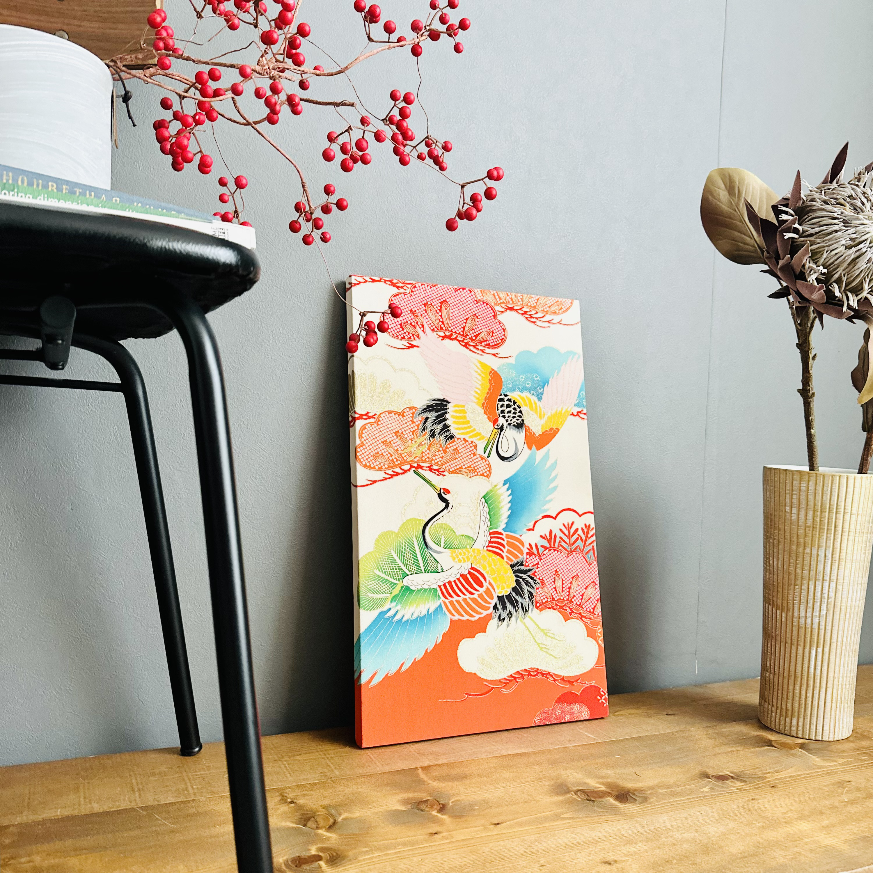 着物のファブリックパネル　アンティーク　鮮やかな松に鶴　30×50cm インテリア　着物　ギフト　リメイク　正月　玄関