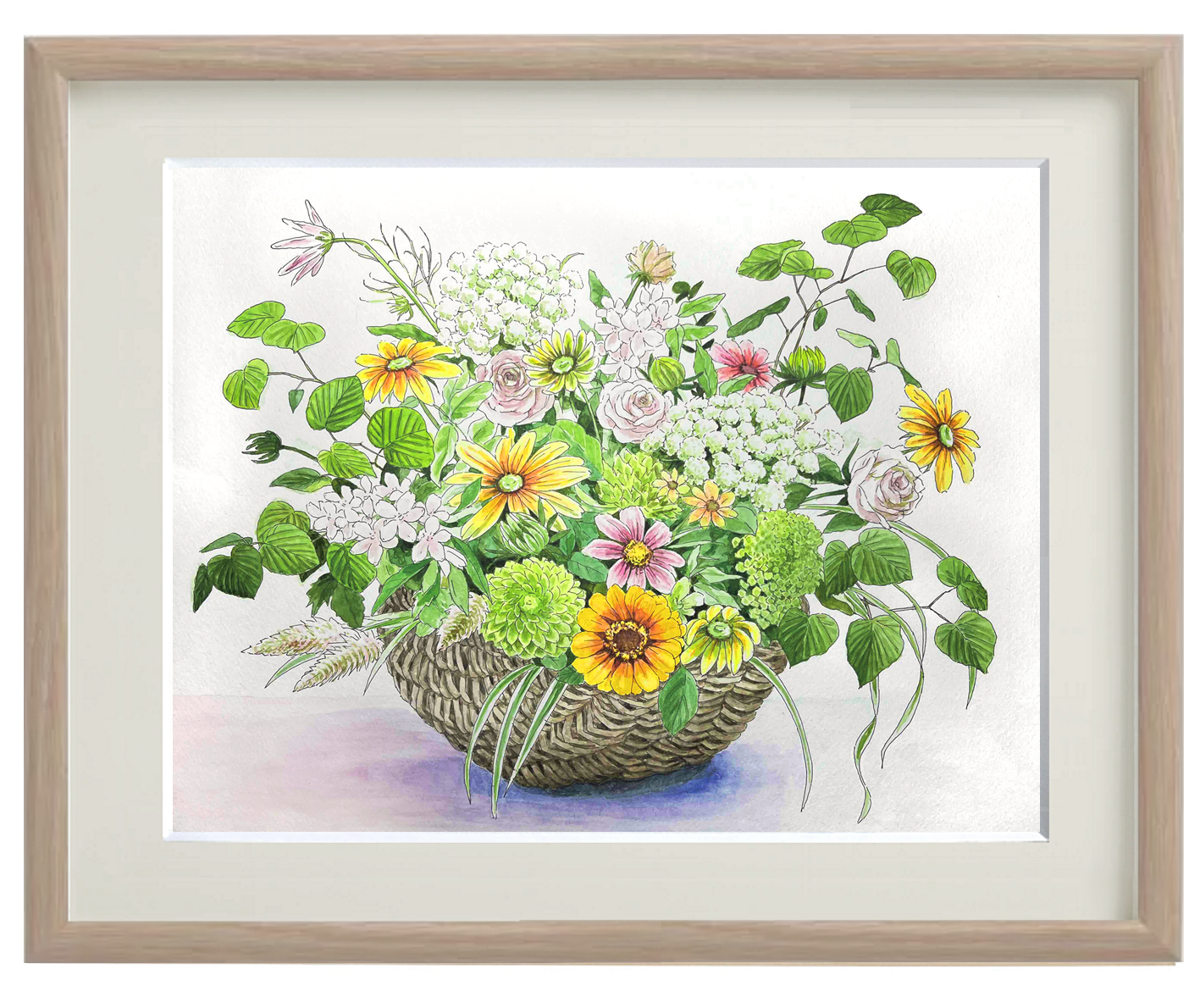 籠盛りの庭の花」 40×50cm ＊額装付き手描き水彩画 ＊送料無料 絵画
