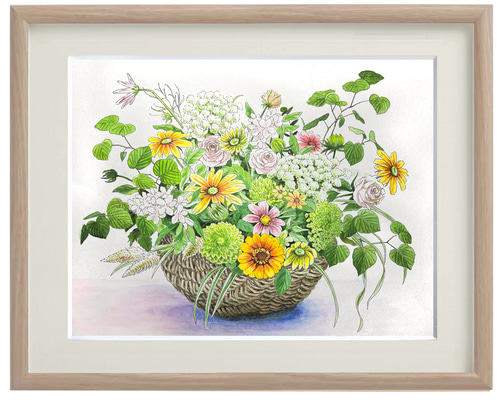 籠盛りの庭の花」 40×50cm ＊額装付き手描き水彩画 ＊送料無料 絵画