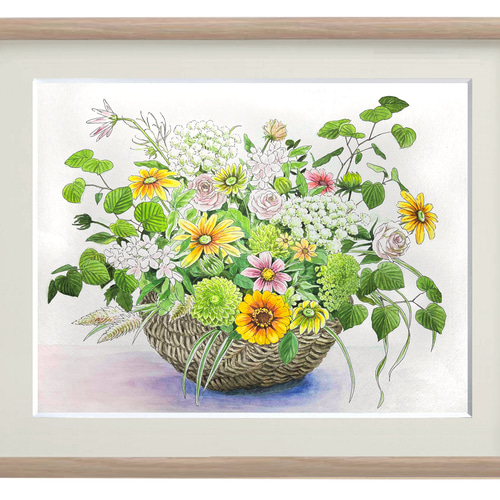 籠盛りの庭の花」 40×50cm ＊額装付き手描き水彩画 ＊送料無料 絵画