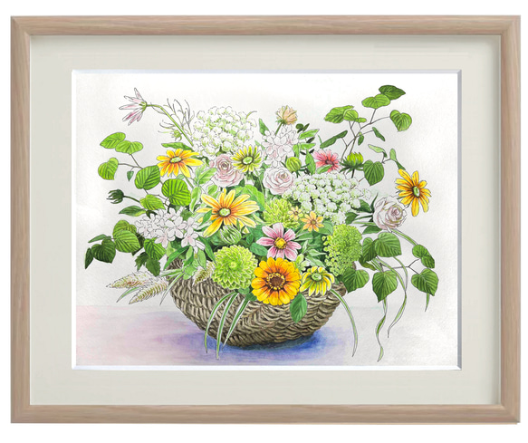 籠盛りの庭の花」 40×50cm ＊額装付き手描き水彩画 ＊送料無料 絵画