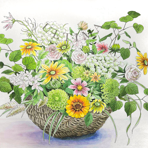 籠盛りの庭の花」 40×50cm ＊額装付き手描き水彩画 ＊送料無料 絵画