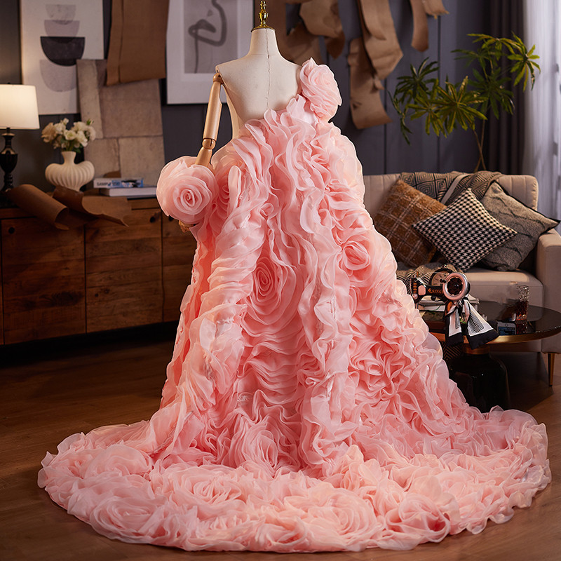 ケープ トレーン 裾引き ピンク 立体花 豪華 DIY 肩飾り アクセサリー ウェディングドレス DTY421