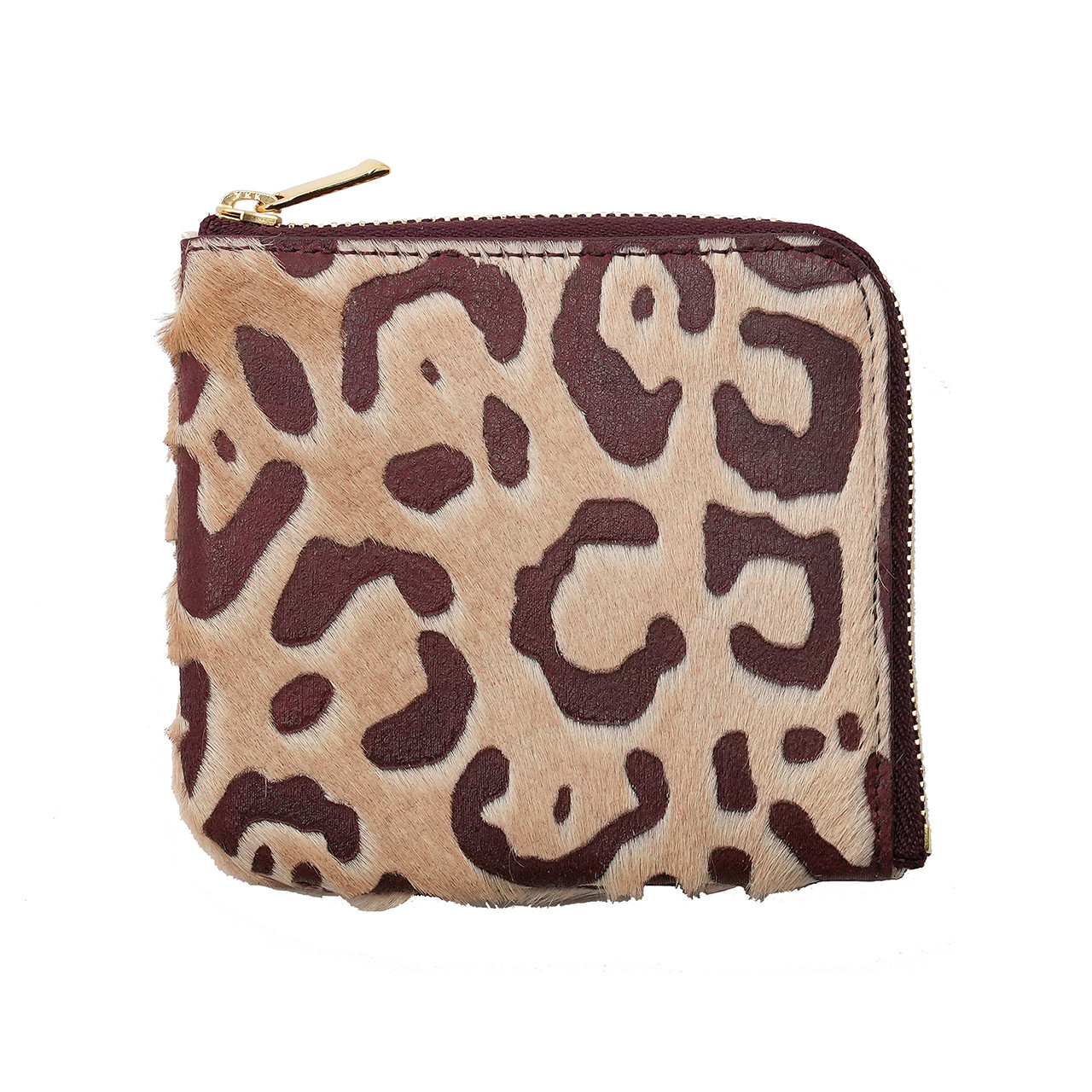 ハラコ ヒョウ柄 ミニ財布 Ｌ字ファスナー スリム ミニウォレット アニマル柄 レーザー加工 （ワイン）