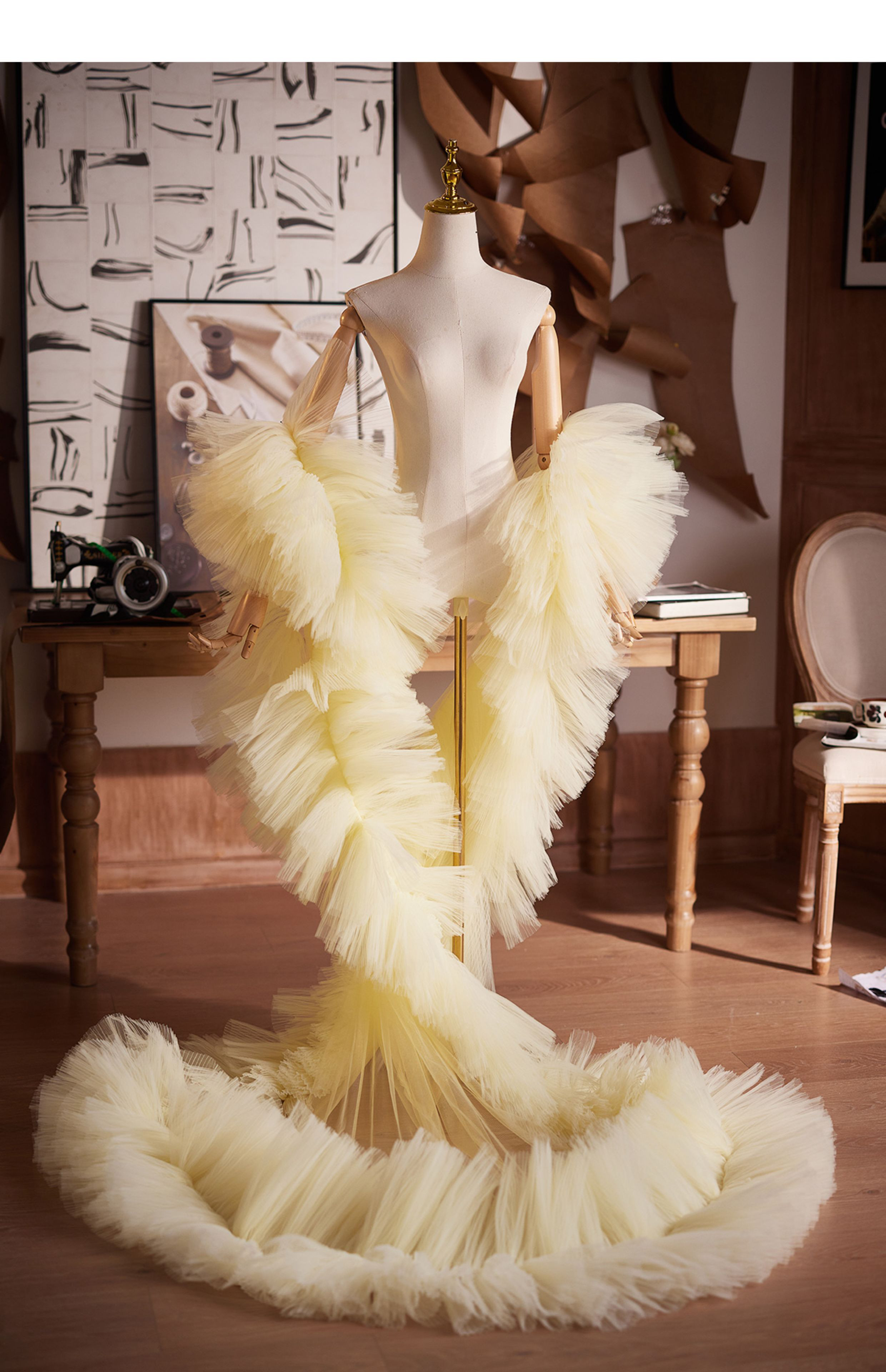 ケープ トレーン 裾引き ふわふわ 薄黄色 DIY 肩飾り アクセサリー パーティー ウェディングドレス DTY424