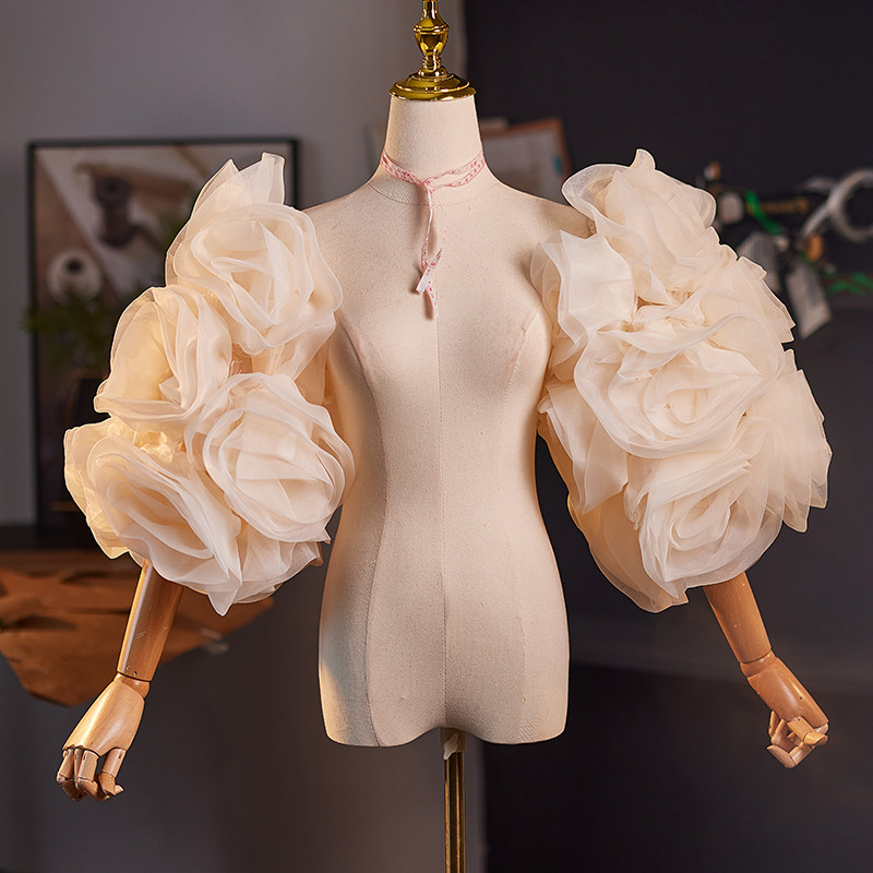 パフスリーブ 立体花 シャンパン色 綺麗 DIY 袖カバー 取り外し袖 アクセサリー ウェディングドレス AK047