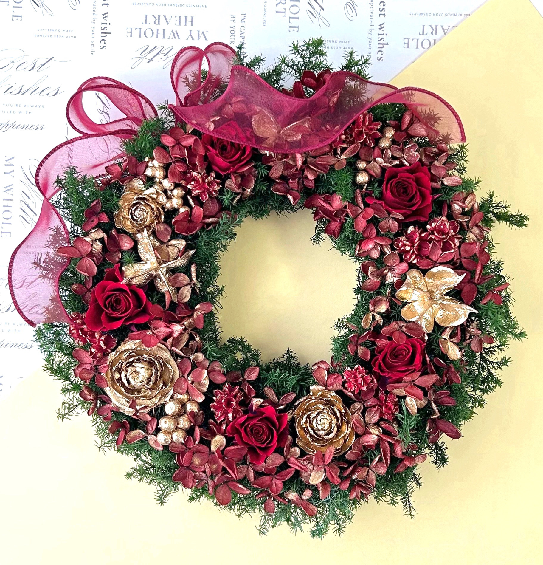 大人レッドゴールドクリスマスリース(プリザーブド)25cm