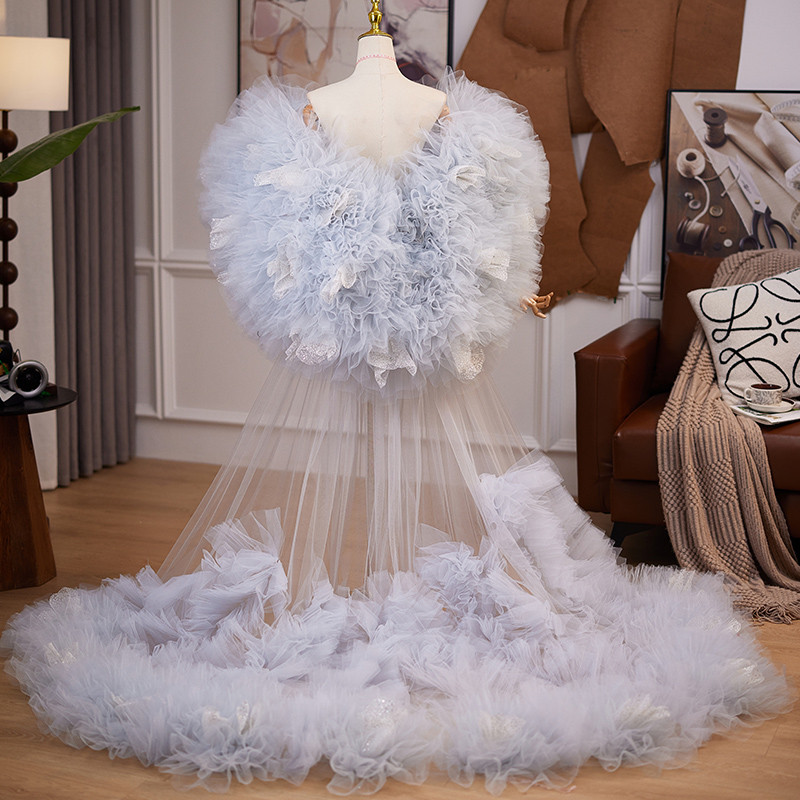 ケープ トレーン 裾引き ブルーグレー ふわふわ 豪華 DIY 肩飾り アクセサリー ウェディングドレス DTY298