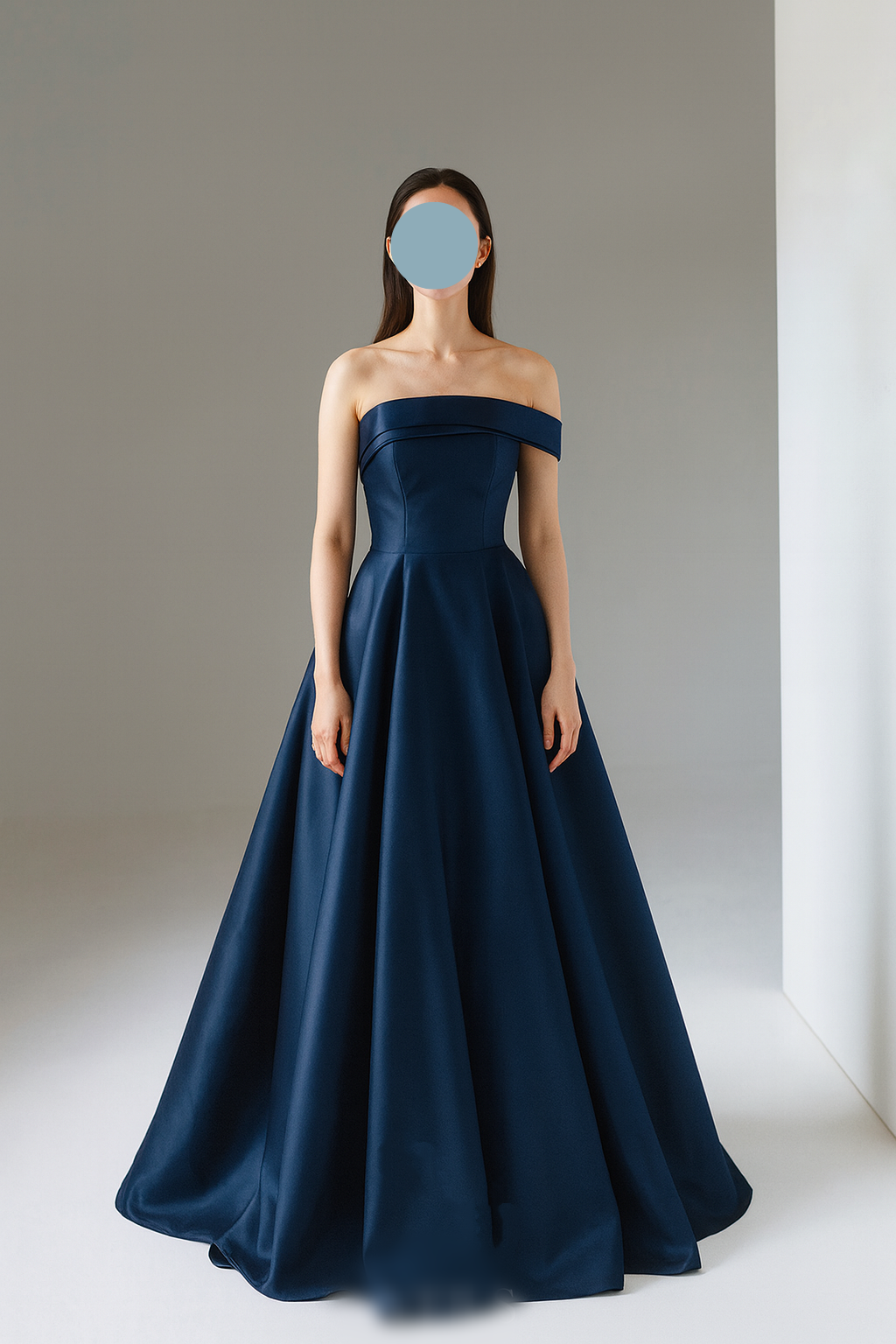 送料無料！パーティードレス ネイビー ショルダー型 光沢サテン ロング  編み上げ  スレンダーライン 前撮り 二次会