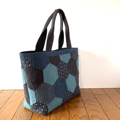 刺し子　パッチワーク　バッグ 刺し子 パッチワーク トートバッグ 市松柄 ツートン 縦長 A4