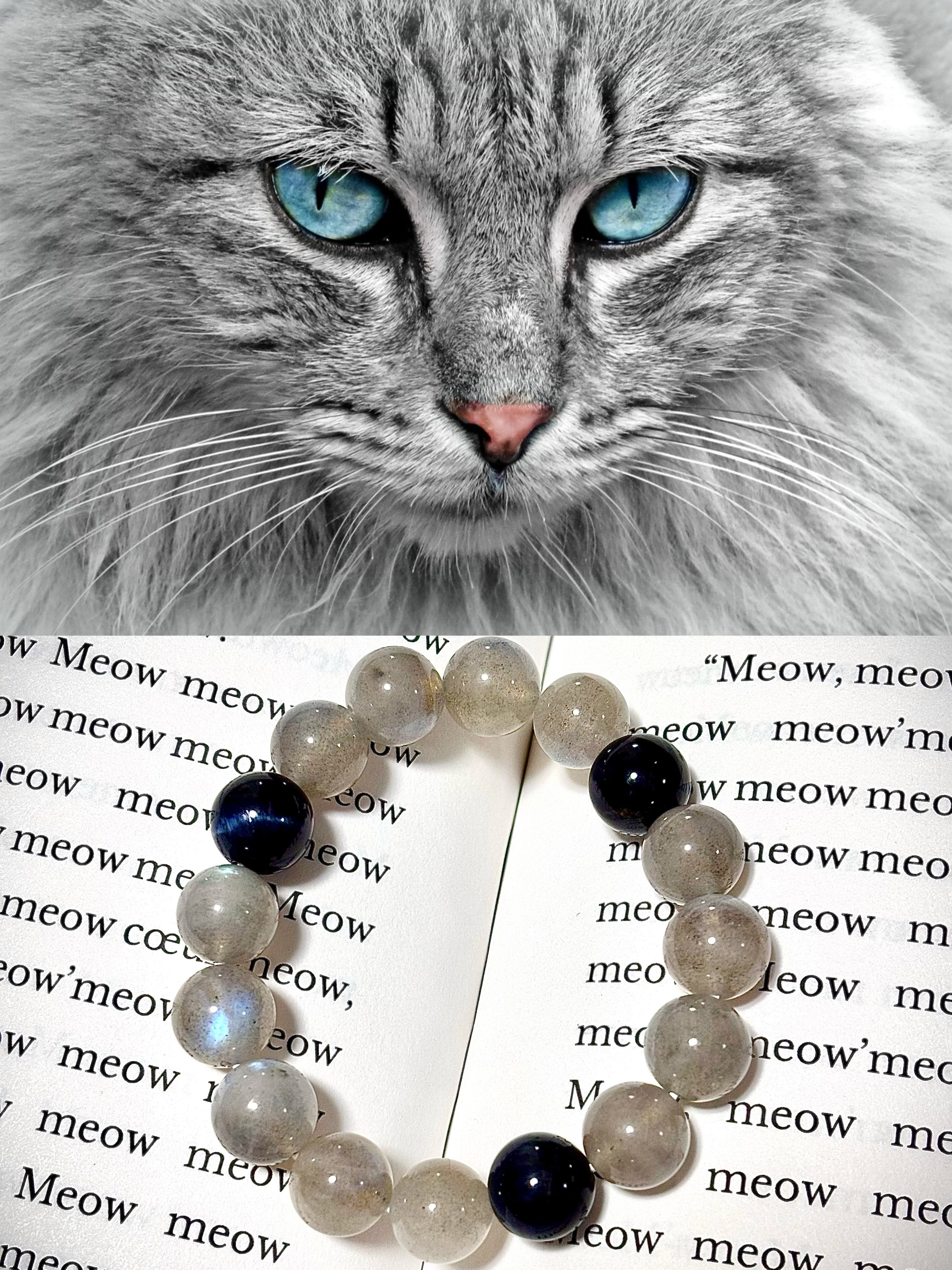 猫モチーフ天然石ブレスレット｜ブルーアイ猫イメージ（ラブラドライト×ブルータイガーアイ）