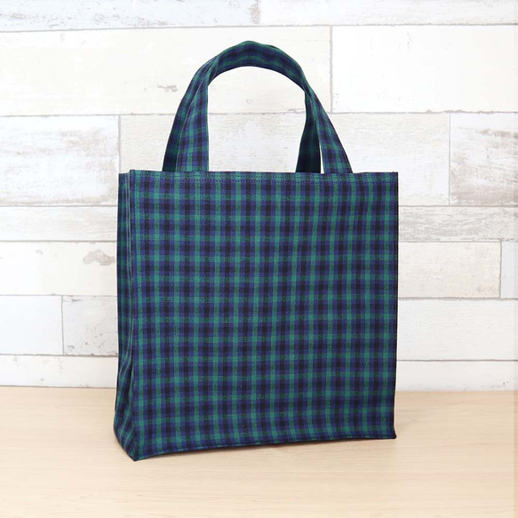ミニ ファミリア風 グリーンチェック ネイビー 紙袋型 ミニトート 通勤