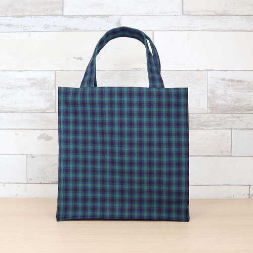 ファミリア　チェック　正方形　トートバッグ　グリーン ミニ ファミリア風 グリーンチェック ネイビー 紙袋型 ミニトート 通勤