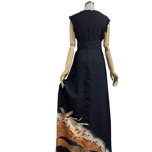 着物リメイク　マーメイド　ワンピース　黒留袖　ロング　ドレス　金彩　金箔　鳳凰 着物リメイク ワンピース 黒留袖 ロング ドレス Aライン 金箔