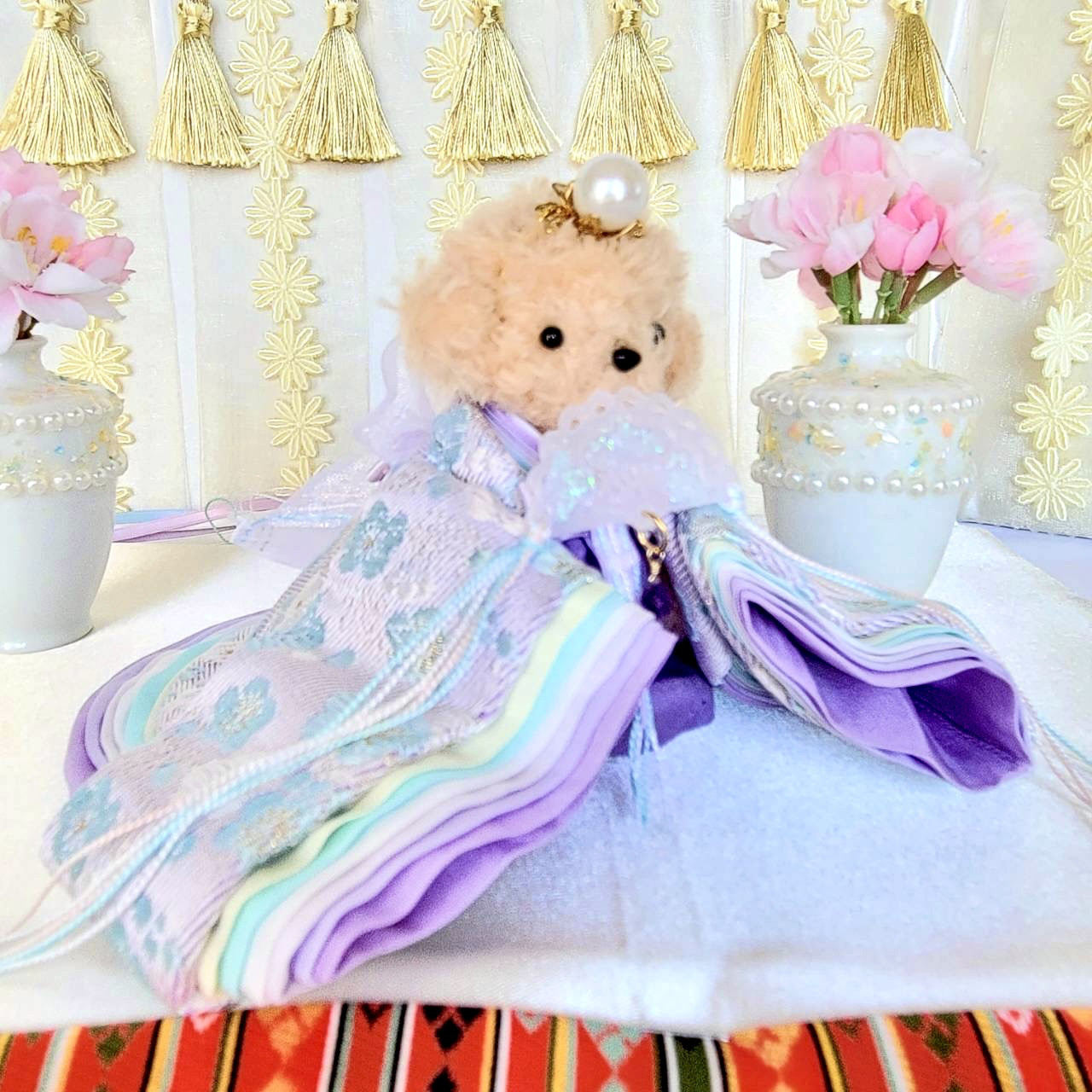 849  小さなお着物〈お姫様〉十二単【正絹金襴】淡藤色地に梅花文様　藤色かさね【新襟仕様】