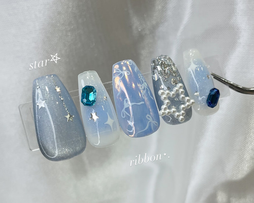 ブルー星ネイル /ネイルチップ/星ネイル/水色ネイル/リボンネイル