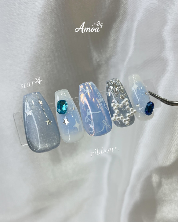 ブルー星ネイル /ネイルチップ/星ネイル/水色ネイル/リボンネイル