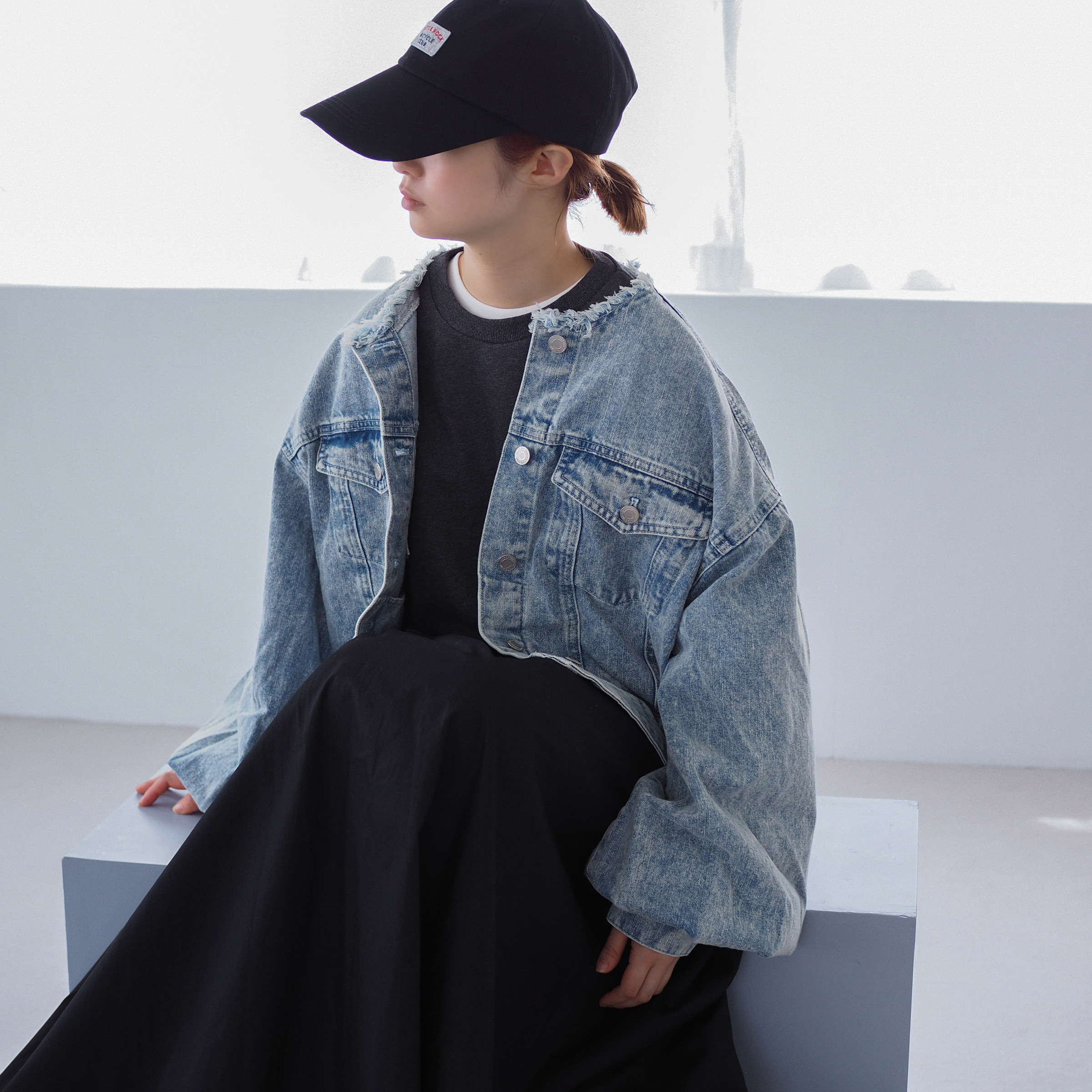 【選べる2色】フリンジ ノーカラーデニムジャケット