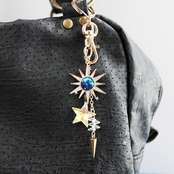 希少クリスタル☆～太陽と星～天耀のバッグチャーム キーホルダー 宇宙