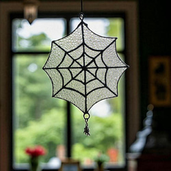 ステンドグラス サンキャッチャー 蜘蛛の巣 模様 スパイダー ハロウィン 吊り下げ インテリア 窓飾り 2枚目の画像