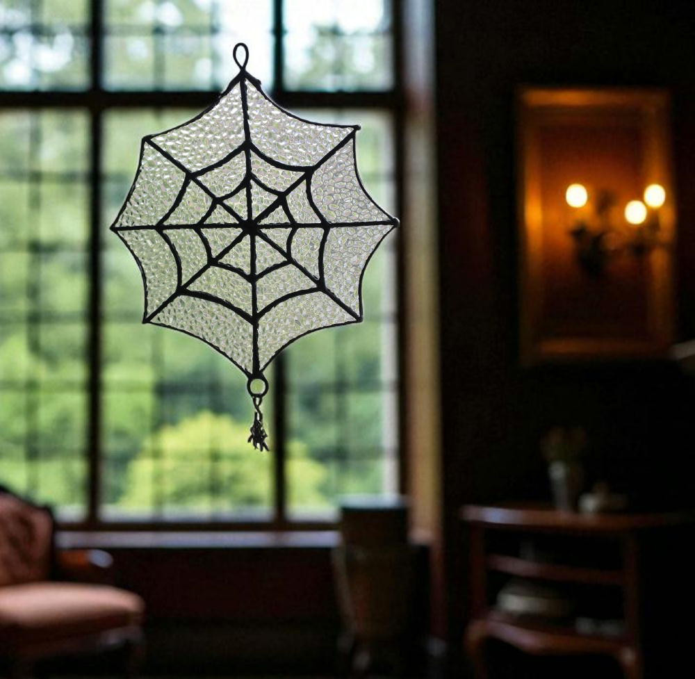 ステンドグラス サンキャッチャー 蜘蛛の巣 模様 スパイダー ハロウィン 吊り下げ インテリア 窓飾り