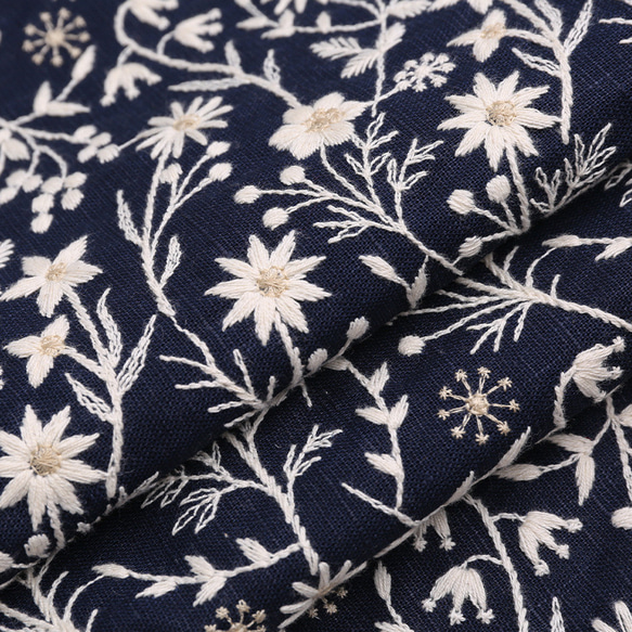 長さ1m 刺繍生地 6色 黒緑赤白 リネン コットン 花柄 植物柄 デニム