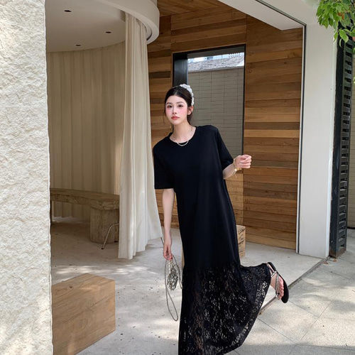 新品 夏 ゆったり レース切替 マキシ丈ワンピース 黒 大きい