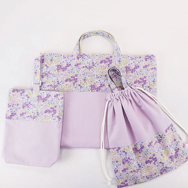 入園 入学 3点 セット 幼稚園 保育園 大きめレッスンバッグ 上履き入れ 巾着袋  女の子 小花柄 パープル オーダー