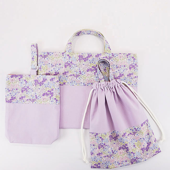 入園グッズ 入学 3点 セット 幼稚園 保育園 レッスンバッグ 上履き入れ 体操着袋  女の子 小花 パープル オーダー