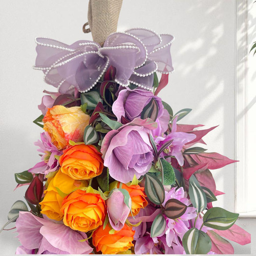 光触媒フラワー 秋色ローズのスワッグ オレンジ＆パープルの華やかなスワッグ 光触媒フラワー 秋色ローズのスワッグ オレンジ＆パープルの華やかな