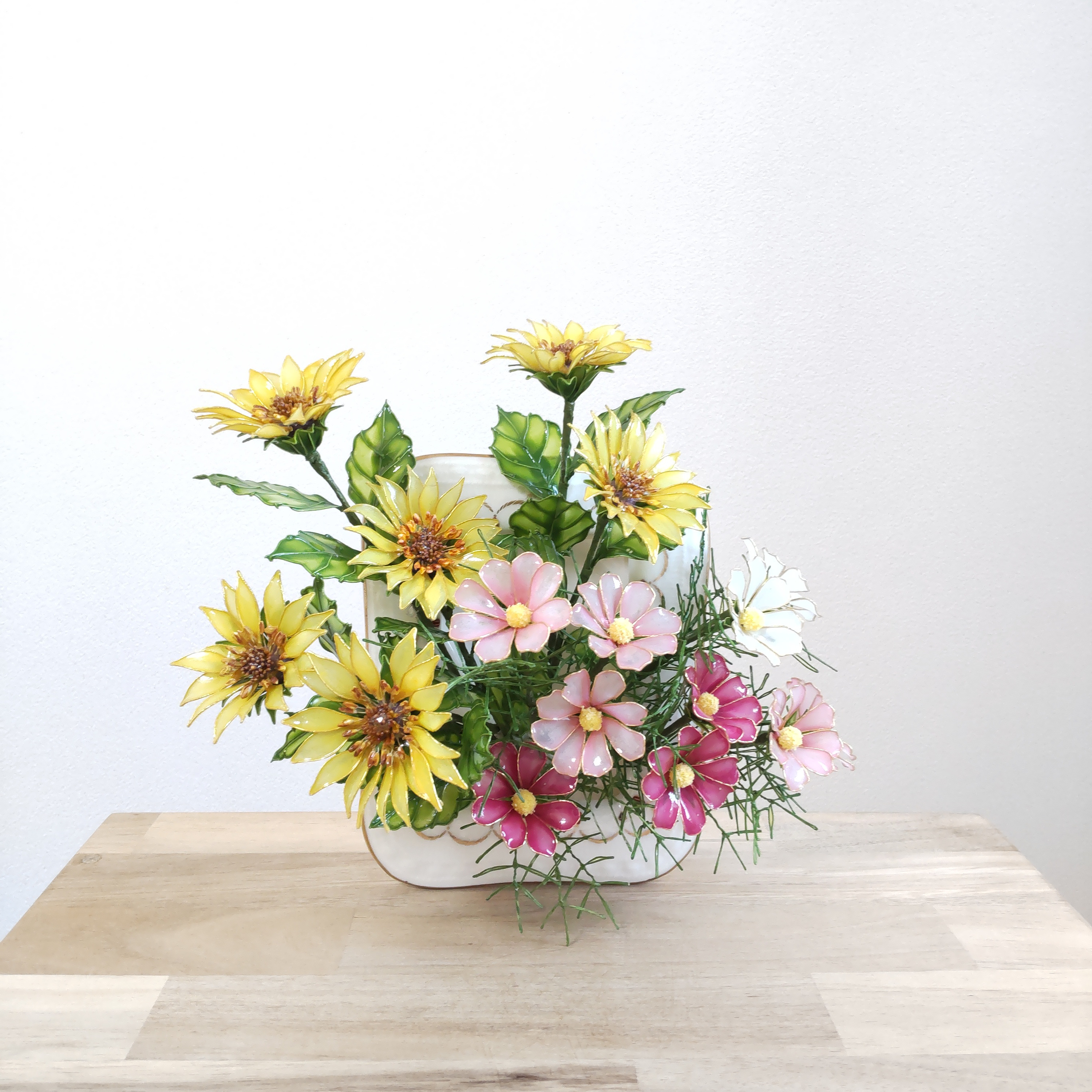 ミニ秋桜♡ミニ向日葵♡フレーム♡陶器♡アレンジ♡ディップアート♡一点物