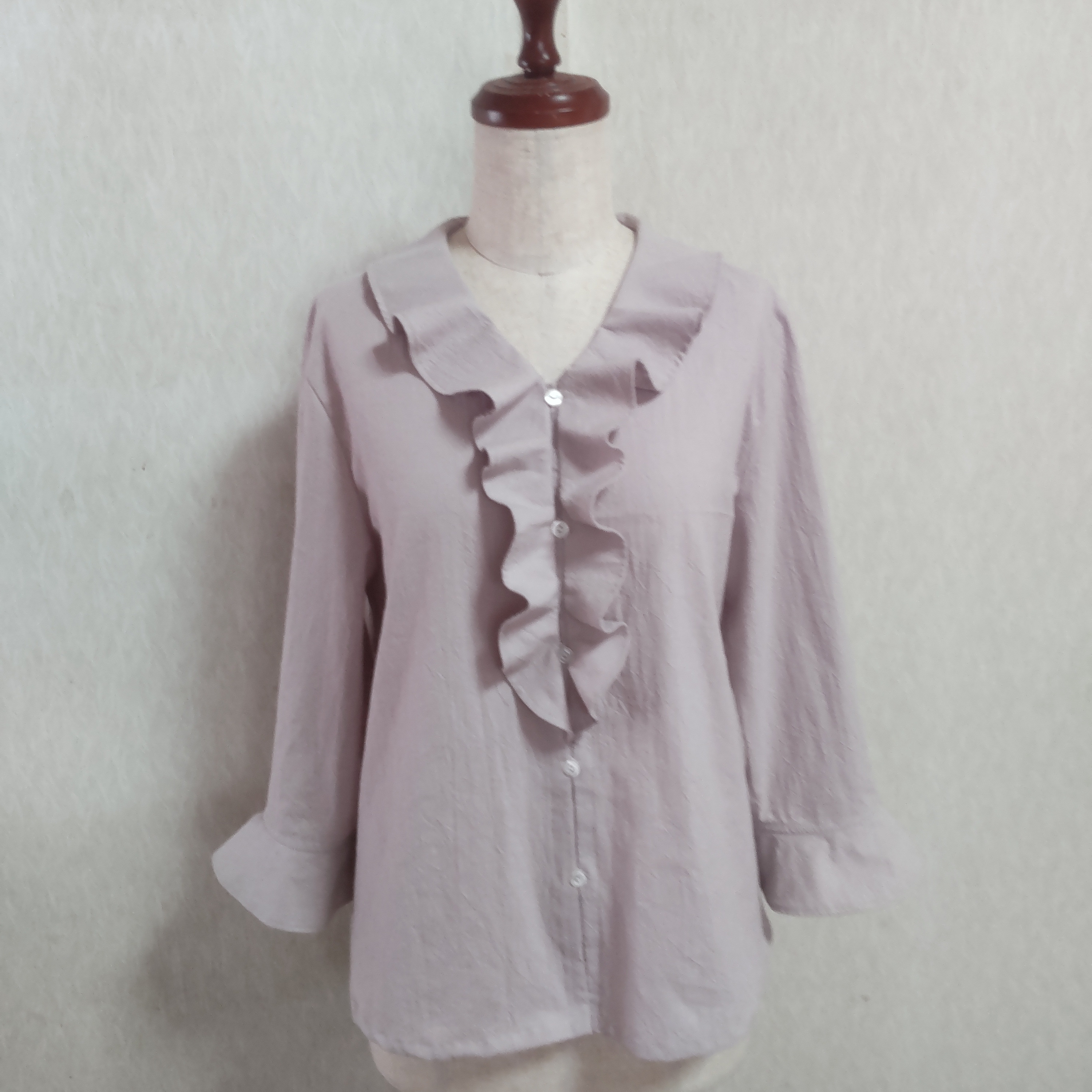 【送料無料】フリルブラウス  コットンブラウス  フェミニンブラウス  スモーキー  ピンク  七分袖 Lサイズ