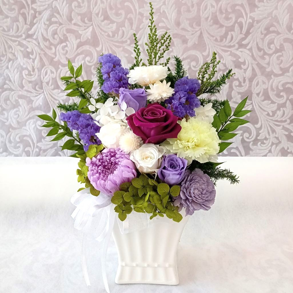 【モダン仏花】バラ＆菊 プリザーブドフラワー  クリアケース付き お供え花 お供えプリザーブドフラワー  一周忌