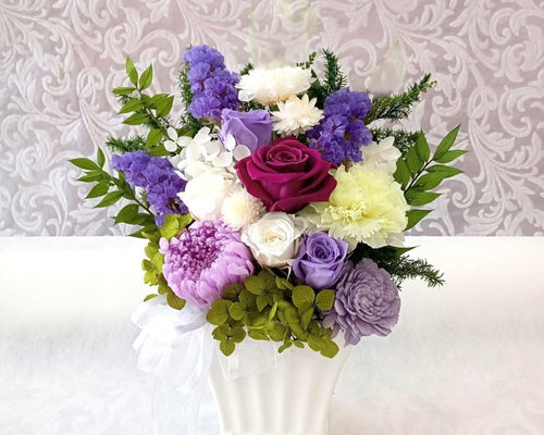 仏花】バラ＆菊 プリザーブドフラワー クリアケース付き お供え花