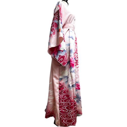 華やか着物リメイクワンピース リメイク 着物ワンピース 化繊 洗える 名古屋帯サッシュベルト付き