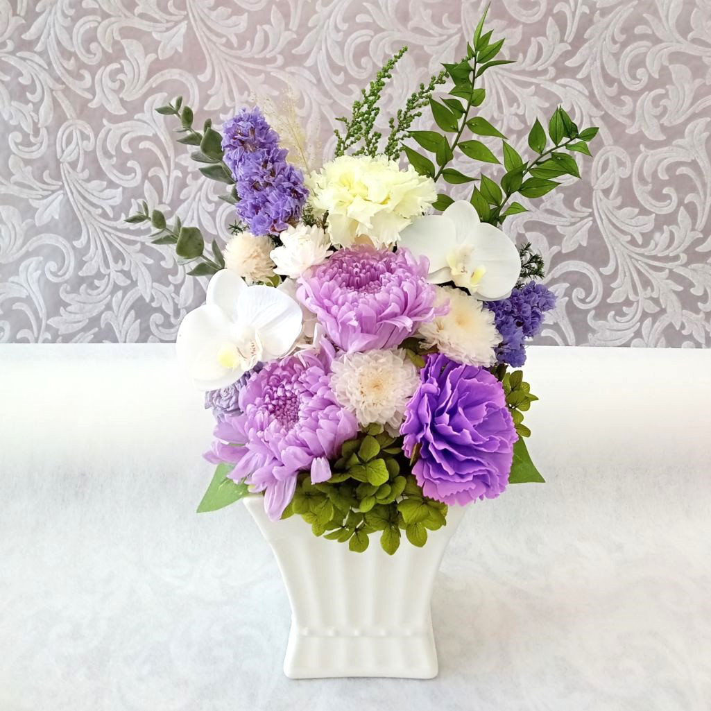 胡蝶蘭＆輪菊 仏花 プリザーブドフラワー お供え 供花 プリザーブド お供え花  一周忌  初盆 ケース付き