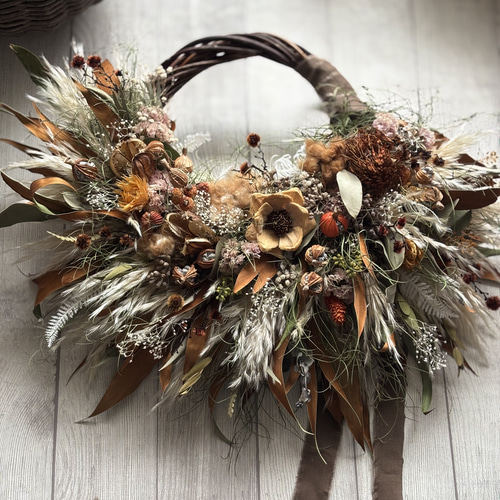 38㎝　パンパスグラスとススキの秋のリース　ドライアンドラ　ソラナムパンプキン 38㎝ パンパスグラスとススキの秋のリース ドライアンドラ ソラナム