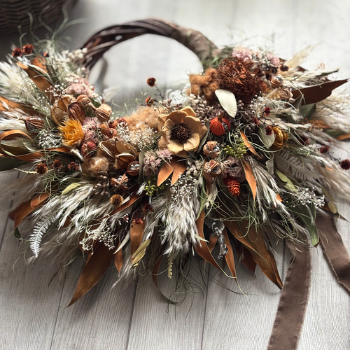 限定2025】秋色の大きなリース 〜ドライフラワー〜 パンパスグラス/秋