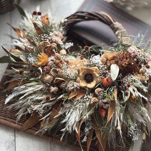 限定2025】秋色の大きなリース 〜ドライフラワー〜 パンパスグラス/秋